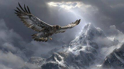 Eagle Soaring Above Snowy Mountain Peaks Under Dramatic Sky
