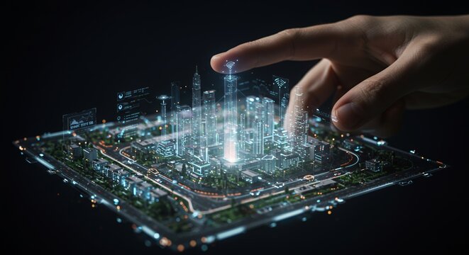 Hand touching and interacting with a futuristic digital smart city map on a tablet screen with glowing skyscrapers and neon lights illuminated at night.