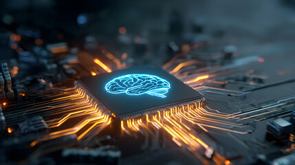 Circuit board with glowing brain symbol representing artificial intelligence and technology innovation
