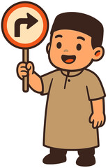 Cute Muslim Boy Cartoon Holding Right Direction Sign | Islamic Kids Illustration