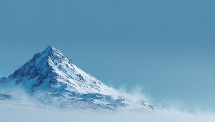 Snowy peak piercing sky, clouds swirling below, crisp winter landscape