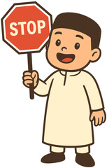 Cute Muslim Boy Cartoon Holding Stop Sign | Islamic Kids Road Safety Illustration