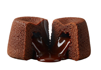 Molten chocolate lava cake precisely cut, warm dark core oozing, steam, isolated on transparent with soft shadow, dramatic macro, low-angle, cinematic food photography, indulgent richness