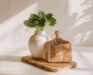 Elegant Arrangement Of White Vase With Plant And Wooden Cutting Board Under Sunlight