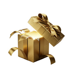 Extreme close-up macro of a luxurious golden gift box with brushed-gold paper dramatically torn open, silken ribbon untied, soft luminescence, isolated on gray background concept of luxurious