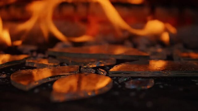 Slices of food cooking in a fiery oven, flames licking the ingredients.