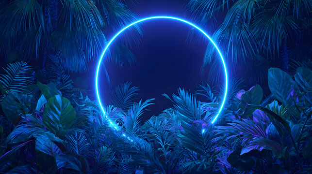 Neon circular light glowing in lush tropical foliage creating a vibrant and mystical atmosphere