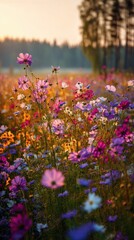 Stunning photo of vibrant cosmos field bathed in the warm glow of a summer sunset.