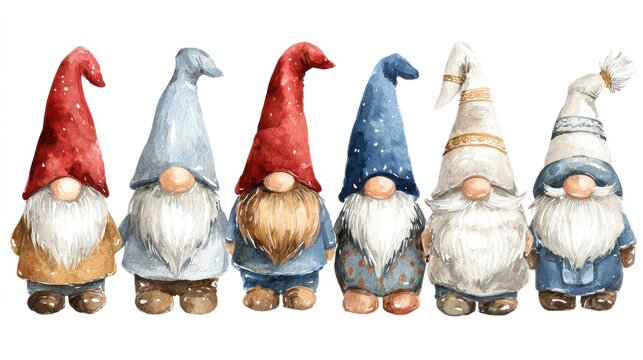 watercolor illustration of magic gnomes on white background isolated cute scandinavian christmas gnomes
