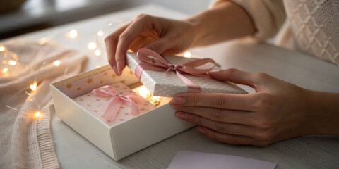 Business gift year end themes with soft lighting and hands opening present box tied with pink ribbon for celebration