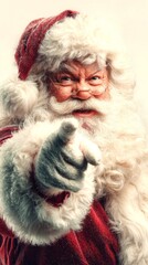 Santa Claus with festive spirit pointing at the camera in a winter setting