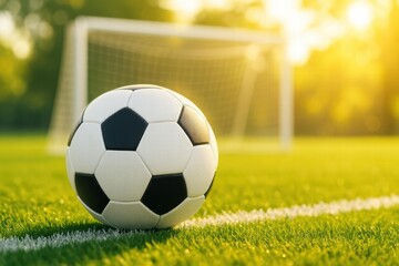 Obraz premium An action-packed scene showcasing a classic black and white soccer ball resting on a vibrant green field under soft sunlight, perfect for competitive sports and recreation.