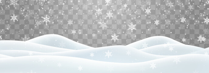 Vector heavy snowfall with snowbanks field. Snow landscape decoration, frozen hills isolated on png background. Snow flakes, snow and blizzard falling on snowdrifts. Christmas vector illustration