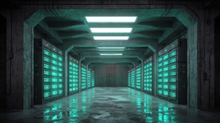 Data Center Interior Featuring Teal Illuminated Servers