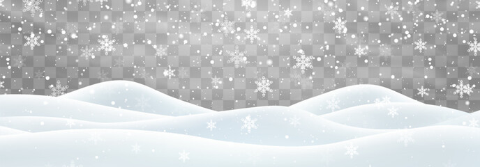 Vector heavy snowfall with snowbanks field. Snow landscape decoration, frozen hills isolated on png background. Snow flakes, snow and blizzard falling on snowdrifts. Christmas vector illustration