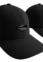 Matte black baseball cap with tear showing fibrous lining, precise stitching, macro shot on transparent. Concept of craftsmanship