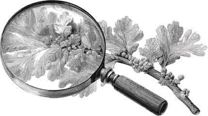 Vintage botanical illustration: Magnifying glass examining an oak tree branch with detailed leaves and buds in an antique engraving style