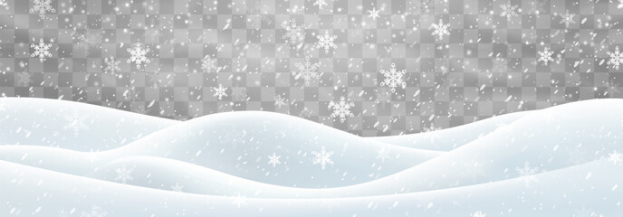 Vector heavy snowfall with snowbanks field. Snow landscape decoration, frozen hills isolated on png background. Snow flakes, snow and blizzard falling on snowdrifts. Christmas vector illustration