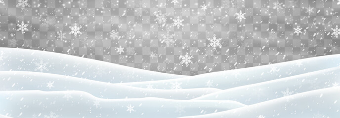 Vector heavy snowfall with snowbanks field. Snow landscape decoration, frozen hills isolated on png background. Snow flakes, snow and blizzard falling on snowdrifts. Christmas vector illustration