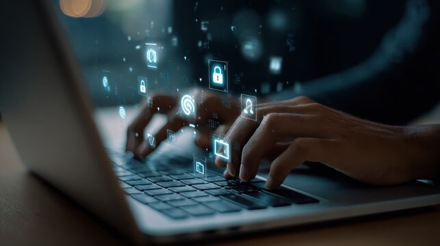 a person typing on a laptop with digital security icons floating above the keyboard on a desk top - Powered by Adobe