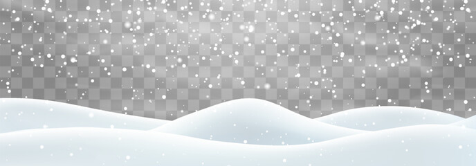 Vector heavy snowfall with snowbanks field. Snow landscape decoration, frozen hills isolated on png background. Snow flakes, snow and blizzard falling on snowdrifts. Christmas vector illustration