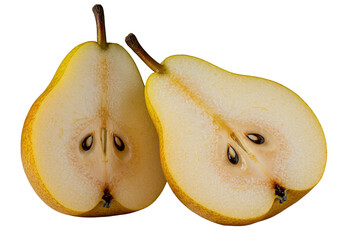 Sliced d'Anjou pear, succulent translucent flesh, tiny seeds, oozing juices, isolated on transparent with bokeh, dramatic chiaroscuro studio lighting, high-detail food photography concept.