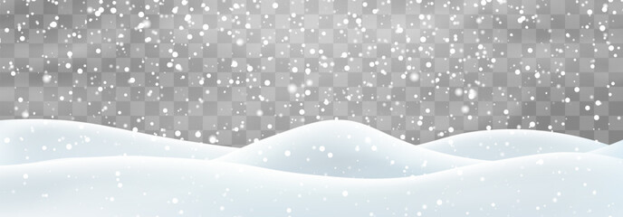 Vector heavy snowfall with snowbanks field. Snow landscape decoration, frozen hills isolated on png background. Snow flakes, snow and blizzard falling on snowdrifts. Christmas vector illustration
