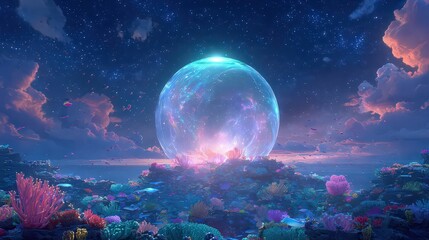 Fantasy World With Crystal Sphere Over Coral Reefs At Sunset