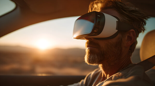 Man wearing virtual reality headset in car during sunset with scenic landscape view