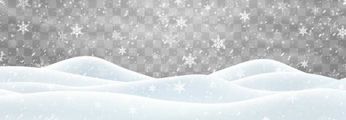 Vector heavy snowfall with snowbanks field. Snow landscape decoration, frozen hills isolated on png background. Snow flakes, snow and blizzard falling on snowdrifts. Christmas vector illustration