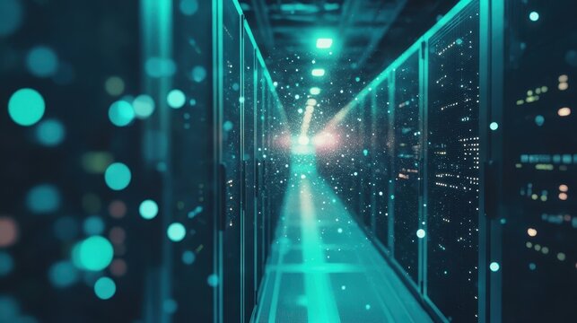 Data Center Interior with Glowing Lines and Clean Design