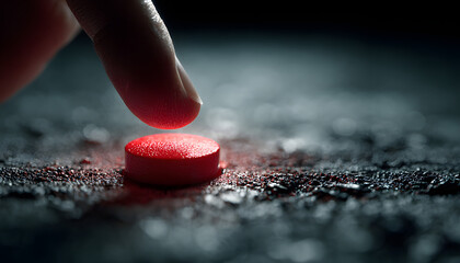 Fingertip presses bright red circular button on rough dark surface. Dramatic lighting creates shadow, highlighting shiny button face. Suggests decision, action, or emergency start.