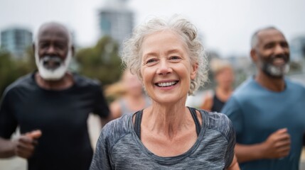 fit senior people running at city park group of elderly friends doing sport workout together outdoor main focus on african woman face no logos no brands ar 169
