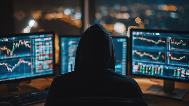 back view of hacker at desktop using computers with various forex screens on blurry office interior background cryptocurrency hacking bticoin trading and finance concept double exposure no logos no b