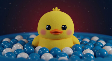 Adorable Plush Chicken Rests in Ball Pit with Soft Light and Colorful Glow