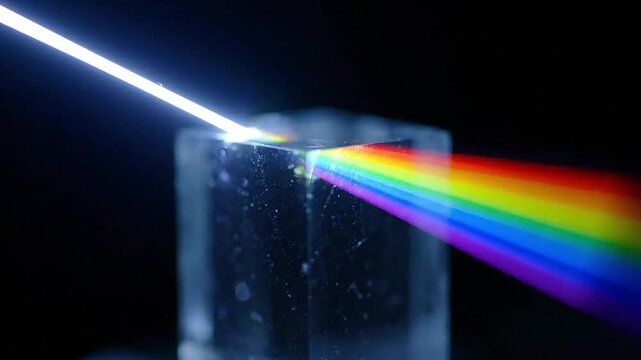 White light splits into a vibrant rainbow spectrum through a glass prism, showcasing the beauty of light refraction.