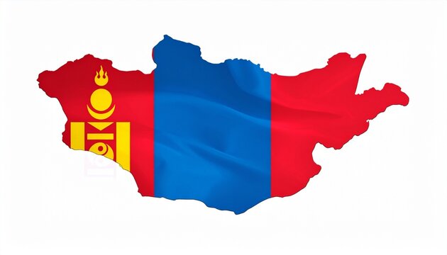 The flag of Mongolia overlaying the map silhouette of Mongolia with golden Soyombo symbol isolated on white background
