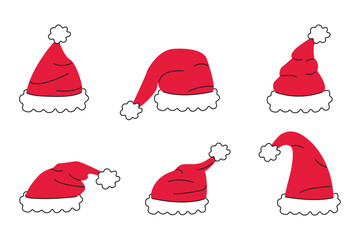 Set of Santa Hats, isolated. Vector santa claus hat collection. Outlined colorful holiday Christmas caps flat design.
