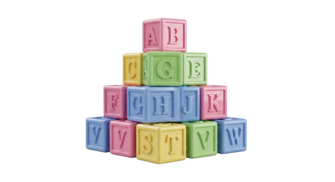 Stack of colorful alphabet blocks arranged in a pyramid shape on a white background. Letters are embossed on each block.