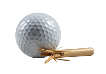 Professional studio shot of a white golf ball with dimples on a splintered wooden tee, isolated on gray, macro, chiaroscuro, concept of powerful impact