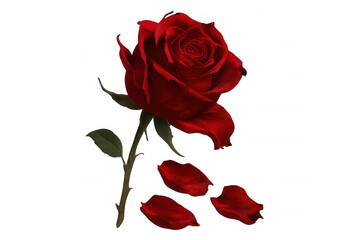 Fototapeta premium Red rose with falling petals representing romance, love, sadness, and ending relationships on transparent background