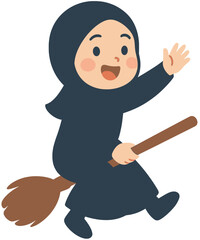 Cute Muslim Girl in Hijab Flying on Broom Cartoon Illustration