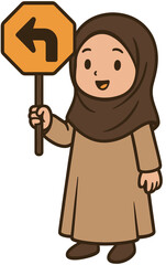 Cute Muslim Girl in Hijab Holding Left Turn Traffic Sign Cartoon