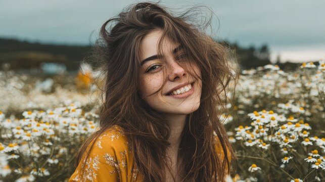 beautiful young woman with brown hait smiling in chamomile field no logos no brands ar 169