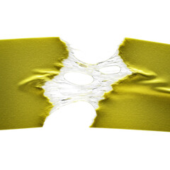 Extreme macro photorealistic image of vibrant yellow masking tape mid-tear, taut glistening adhesive strands, ribbed texture, jagged edges, transparent background. Concept of material properties