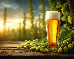Glass of Beer with Fresh Hops at Sunset