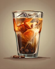 Glass Of Iced Coffee Drink With Ice Cubes And Coffee Beans