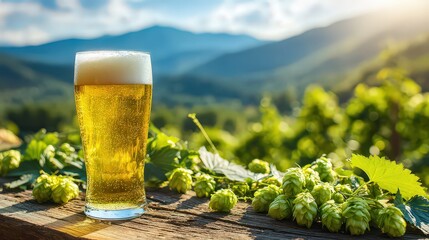 Glass of Light Beer with Fresh Hops and Mountain View
