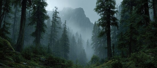 Misty mountain forest scene