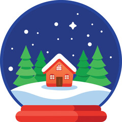 Charming winter scene inside a festive snow globe with a cozy cabin and evergreen trees
